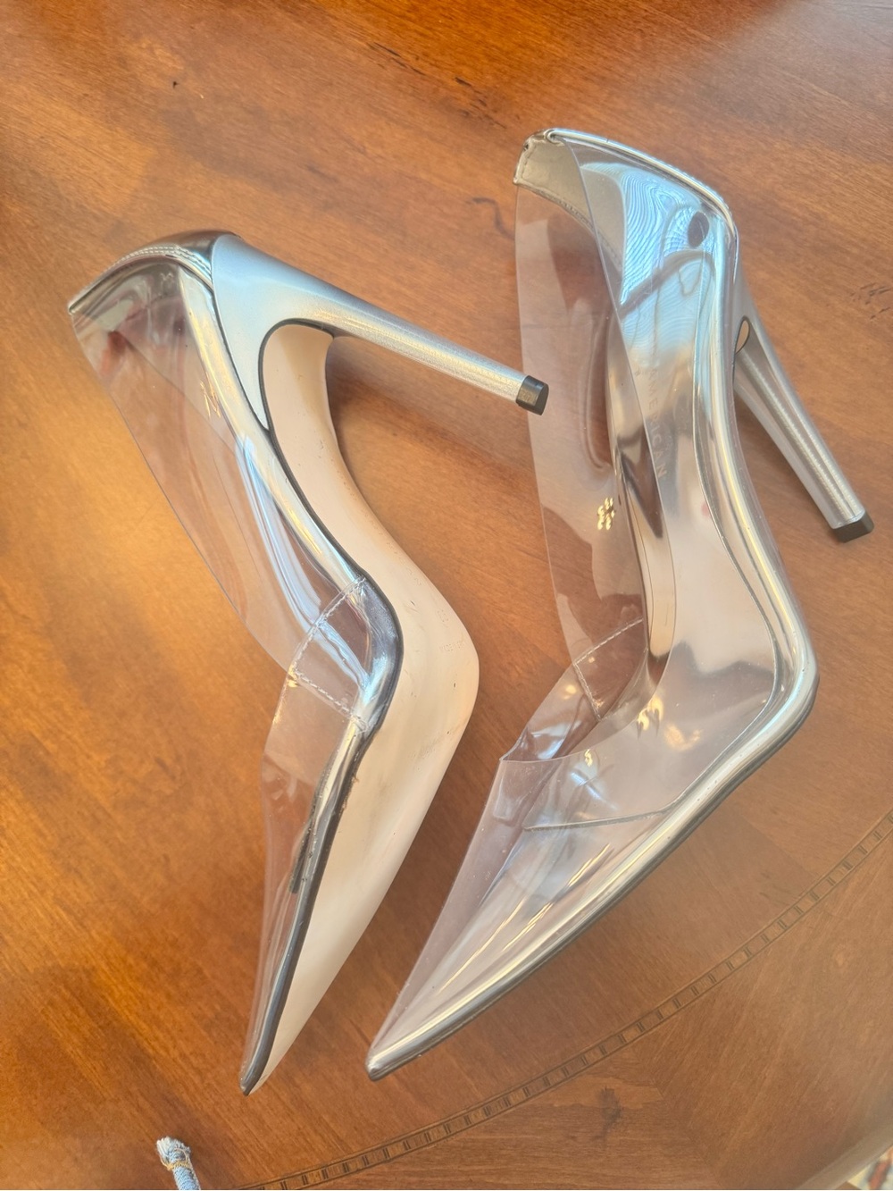 Good American Clear Pointed-Toe Silver Pumps
